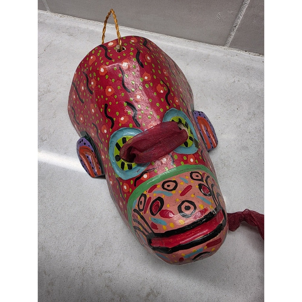 Hand Carved Wooden Tribal Mask Wall Hanging Folk Art Colorful Hand Painted Decor - Picture 10 of 10